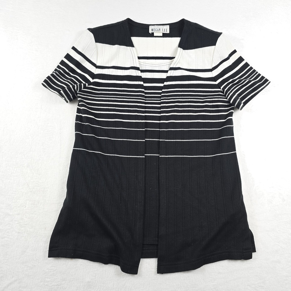 Megan Lee Vintage 2 Piece Twin Set Black White Striped Cardigan Tank Size 12 USA